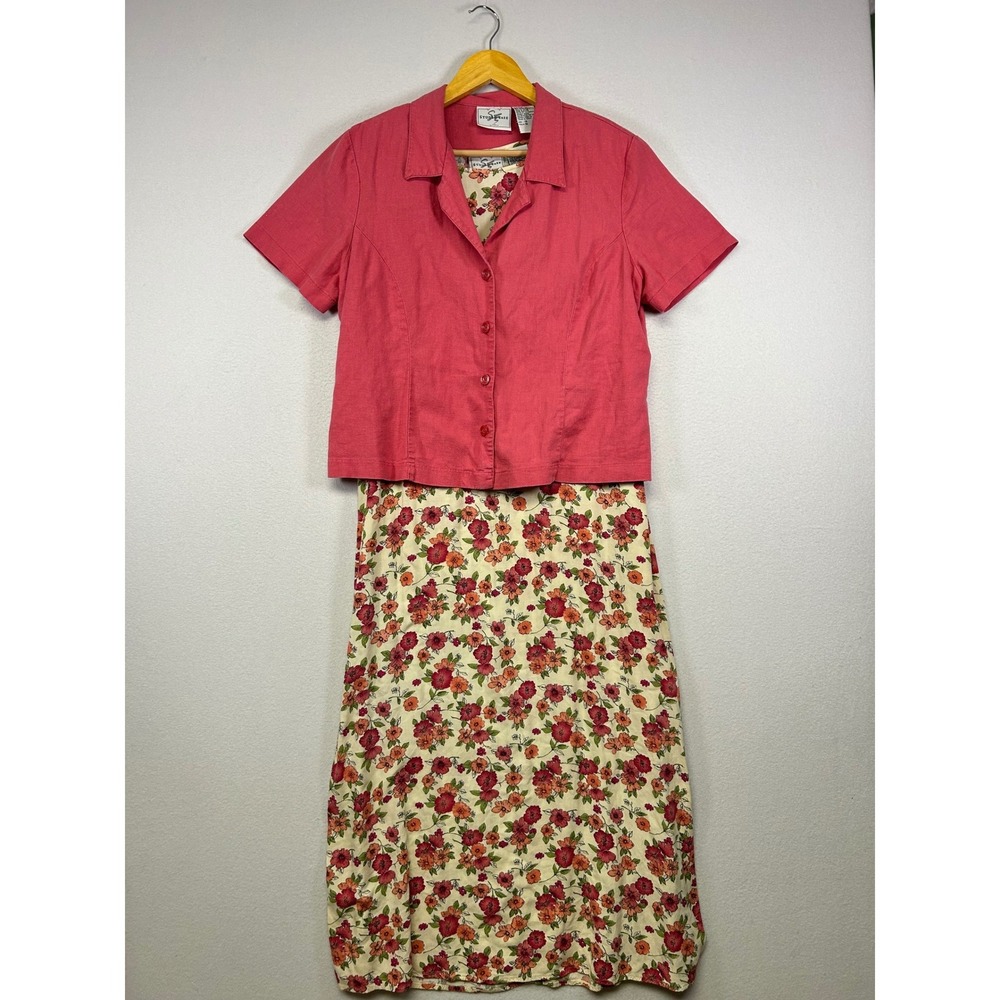 Vintage Studio Ease Women 14 Pink Floral 2-Piece Linen Blend Maxi‎ Dress Set